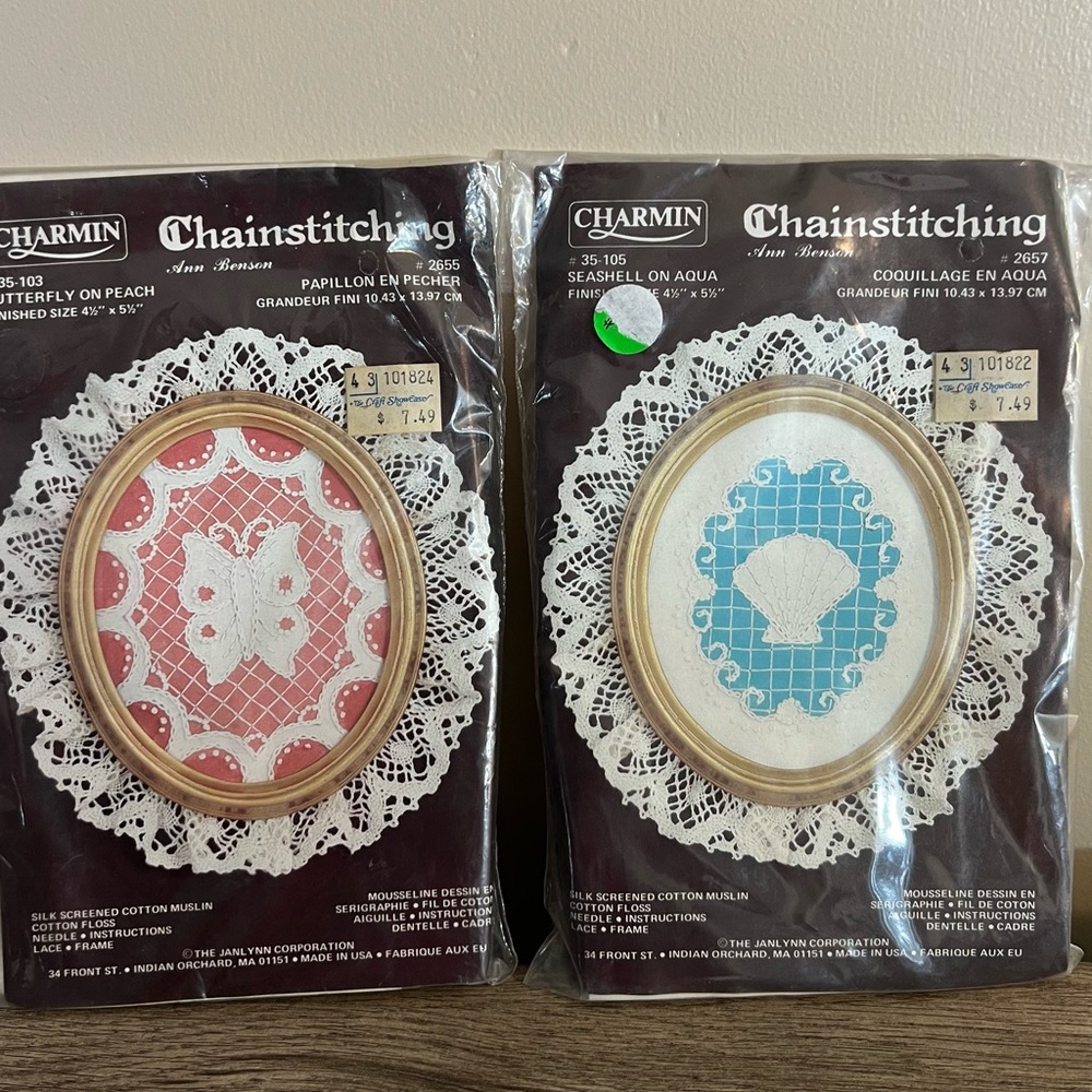 2 Vintage Charmin Chainstitching Kits Framed Sewing Project Butterfly & Shell